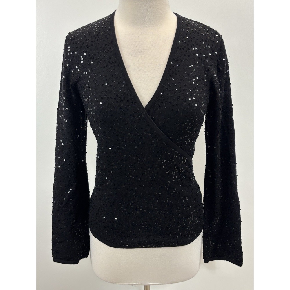 Lafayette 148 Wool Sequin Faux Wrap Sweater Women's M Black Stretch Evening